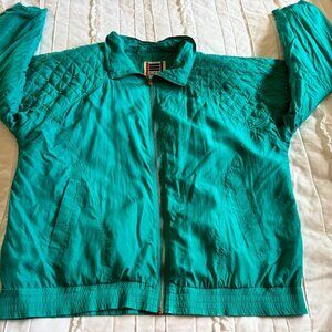 Vintage 1980’s EVR 100% Silk Bomber Jacket, Teal w/ Gold Beads, Lined, Size XL